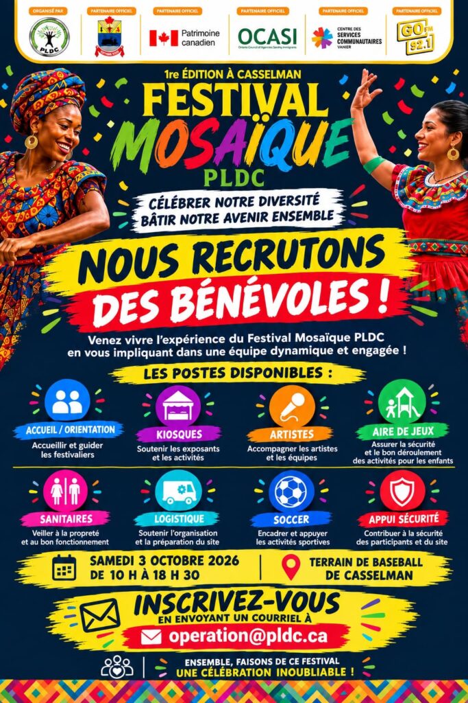 Affiche du Festival Mosaïque PLDC recrutant des bénévoles pour l’accueil, les kiosques, les artistes, les activités, la logistique et la sécurité.